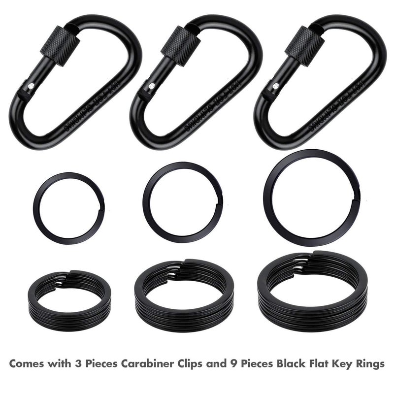 cridoz Carabiner Keychain Clip Hook, Cridoz 3pcs Locking Carabiner D Ring Clips with 9pccs Black Flat Key Ring for Water Bottles, Dog Tags and Car Keys (Assorted Sizes) - Image 5